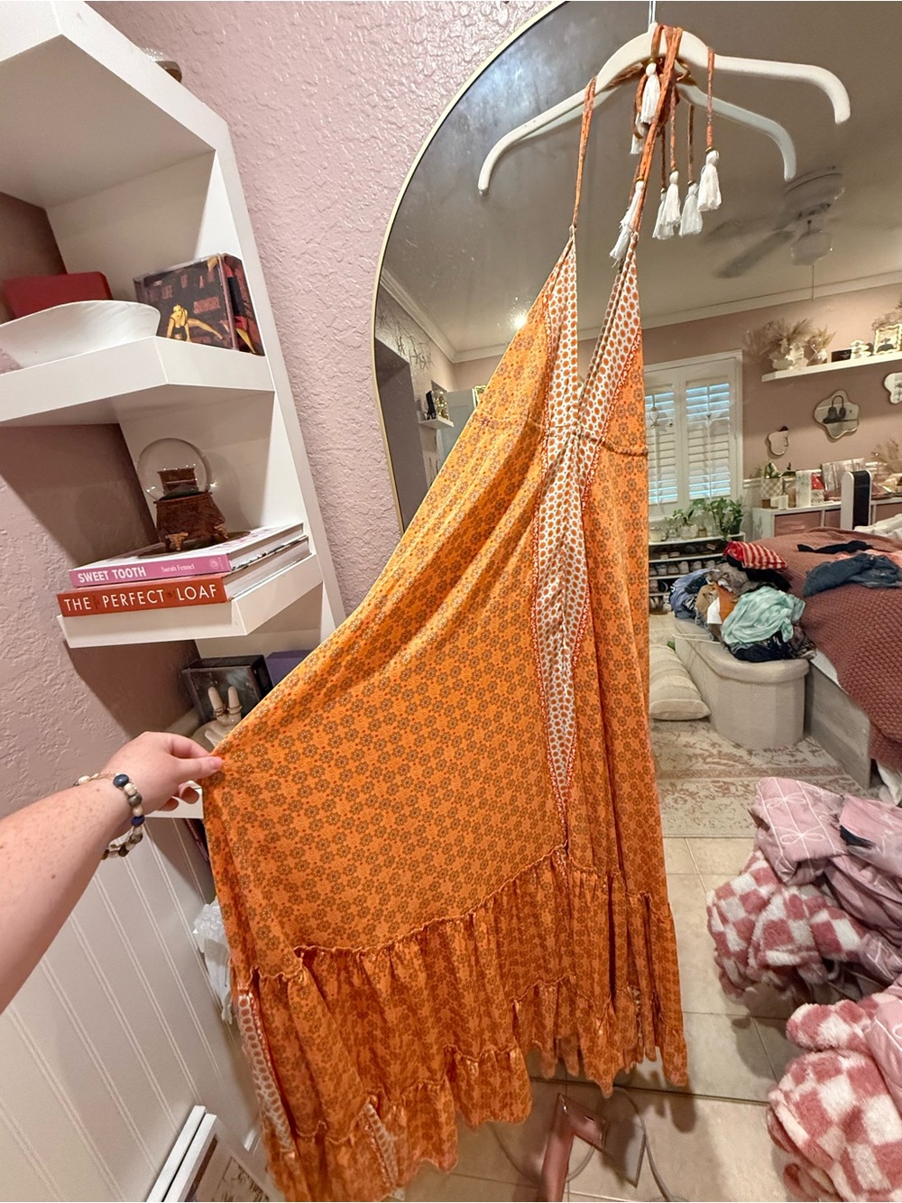 Boho-Style Orange Maxi Dress with Mixed Print